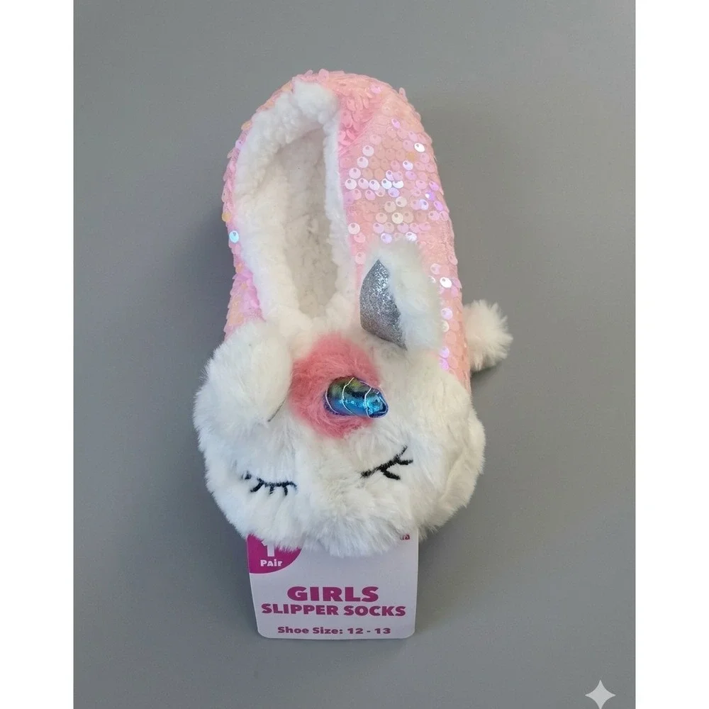 Girls Pink/White‎ Slipper Socks Size 12-13 Faux Fur Lined Sequin Unicorn Slip-On